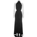 Elegant black sleeveless halter neck maxi dress with ruched pleated waist detail - S / Black