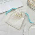 Elegant white floral lace drawstring pouch with light blue ribbons for small items - 14cm*16cm / White Embroidered Floral