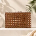 Close-up view of a retro brown woven rattan evening clutch bag with acrylic clasps - Coffee