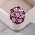 Vintage flower cluster ring featuring pink and magenta crystals set in black gunmetal finish - Adjustable Open / Gun Black-Rose Red