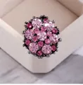 Vintage style cocktail ring featuring a cluster of pink crystals in dark metal finish - Adjustable Open / Gunmetal-Pink