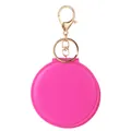 Portable bright pink folding mirror keychain with round plastic case and gold hook - Rose Red