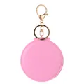 Pink round PVC folding makeup mirror keychain with golden metal clasp and ring - Pink