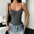 Sexy charcoal grey ruched camisole bodysuit leotard for women in trendy Y2K fashion style - Light Gray
