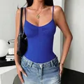 Elegant royal blue Y2K sexy spaghetti strap bodysuit featuring ruched chest detail - Sapphire Blue
