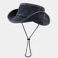Washed distressed wide-brim outdoor sun hat with adjustable chin strap in dark blue - One Size / Plain Navy Blue