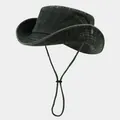Distressed washed charcoal grey wide-brim outdoor fishing hat with chin strap - One Size / Plain Army Green