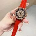 Luxury rose gold watch with red crocodile leather strap and rotating floral diamond dial - Rose Gold Red Leather Strap