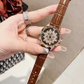 Women's rose gold fashion watch with brown leather strap and spinning diamond flower dial - Rose Gold Coffee Leather Strap