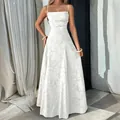 Elegant European style white floral jacquard A-line spaghetti strap maxi dress for women - S / White