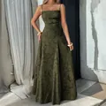 Robe longue trapèze élégante vert olive à fleurs jacquard et fines bretelles pour femmes - XS / Vert Militaire