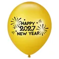 Detail of yellow party balloon featuring Happy 2027 New Year print and fireworks - Gold