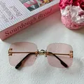 Pink Y2K rimless square sunglasses with elegant gold metal bridge and temples - Pink 26-Square Rimless Gold Metal Gradient Pink Style