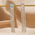 Elegant long iridescent stone earrings with silver rhinestone tassel chains for women - Iridescent Tassel Earrings