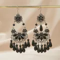 Vintage gunmetal filigree chandelier earrings with black teardrop beads and stones - Black Tassel Earrings