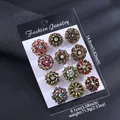 Set of 12 vintage flower brooches with colorful rhinestones on fashion jewelry cards - Antique Gold Colorful Rhinestone Floral Style (Antique Gold Color Diamond)