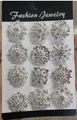 Set of 12 silver flower brooches with crystals on a white jewelry display card - Silver Tone White Rhinestone Vintage Mixed Style (KZ060-2)