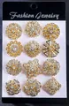 Set of 12 gold flower and star brooches with clear rhinestones on display card - KC Gold White Rhinestone Geometric Style (KZ071-1)