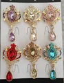 Set of six vintage gold crown brooches with colorful rhinestones and teardrop gems - KC Gold Tone Six Colors Water Drop Crown Style (KZ068)