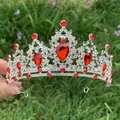Elegant silver bridal tiara with red pear-cut gems and sparkling white crystals - Silver + Red