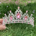 Silver crown headband with pink teardrop gemstones and white crystals for girls - Silver + Pink
