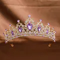 Baroque gold bridal crown with large purple teardrop crystals and small white rhinestones - Gold + Purple