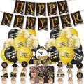 Set decorazioni festa Capodanno 2027 di lusso con striscioni e palloncini oro - Set A (1 Banner + 18 Palloncini + 16 Topper per Torte)