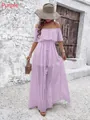 Elegantes hellviolettes schulterfreies Maxikleid mit Plumetis-Stoff und Bindegürtel - XS / Lila