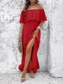 Elegante abito lungo rosso con spalle scoperte, spacco alto e volant per donna - XS / Rosso