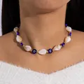 Boho white cowrie shell necklace with blue evil eye beads for beach vacation jewelry - Evil Eye Beaded Shell Style (28561-colour)
