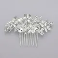 Bridal silver hair comb featuring sparkling rhinestone flowers and leaf design - Silver Light Luxury Flower Hair Comb (HS-J4272S)