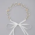 Handmade bridal hair accessory featuring white pearls, sparkling rhinestones and ribbon bow - Gold Mori Girl Style Headband Hs-j5484