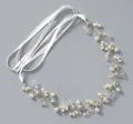 Elegant handmade bridal hair vine with pearls and sparkling crystals with white ribbon ties - Silver Mori Girl Photo Headband Hs-j5484s