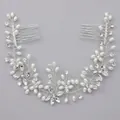 Handmade elegant bridal hair comb with white pearls and clear rhinestones for weddings - Silver Pearl Double Comb Hairbrush Hs-j7204s
