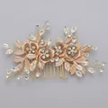 Handmade luxury gold bridal hair comb featuring elegant rhinestone flowers and leaf motifs - Gold Rhinestone Floral Hair Comb Hs-j4793g
