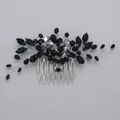Elegant handcrafted bridal hair comb with black and clear rhinestones in flower leaf design - Black Luxury Rhinestone Hair Comb Hs-j6699