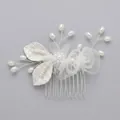 Elegant bridal hair comb with pearls, tulle flowers and silver leaves on gray background - Silver Mesh Flower Hair Comb Hs-j7023s
