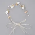 Elegant handmade bridal headpiece with gold leaves, white pearls and sheer ribbon - Golden Floral Bride Hair Comb Hs-j6970g