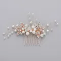 Peigne à cheveux de mariée fait main or rose avec perles et feuilles de cristal - Brosse À Cheveux De Luxe En Or Rose Ornée De Strass Hs-j5234