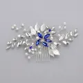 Handmade silver bridal hair comb featuring blue and clear rhinestones and pearls - Blue Diamond Luxury Flower Comb Hs-j5667b