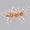 Elegant rose gold bridal hair clip featuring handmade pearls and sparkling crystal flowers - Gold Floral Handmade Hair Clip Hs-j6985rg