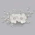 Elegant bridal hair comb featuring white flowers with rhinestones and faux pearls - Handmade Floral Wedding Comb Hs-j7090s