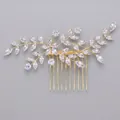 Luxurious gold bridal hair comb featuring floral leaf rhinestone designs for weddings - Gold Rhinestone Comb For Commuters Hs-j7001g