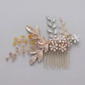 Handmade gold bridal hair comb with luxury crystals, pearls and floral leaf motifs - Golden Princess Birthday Hair Comb Hs-j4217g