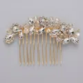 Elegant handmade bridal hair comb with leaf rhinestone design in gold finish - Gold Luxury Banquet Hair Comb Hs-j5280g