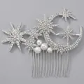 Luxury silver bridal hair comb with star and moon rhinestone motifs and pearls - Alloy Star And Moon Versatile Hair Comb Hs-j7432s