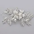 Handmade silver bridal hair comb with elegant metal leaves pearls and rhinestones - Silver Mori Girl Hair Comb Hs-j6309s