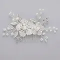 Handmade silver bridal hair comb featuring elegant rhinestone flowers and pearls - Silver Floral And Leaf Versatile Hair Comb Hs-j6245