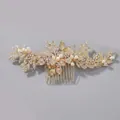 Handmade bridal hair comb with gold floral leaf patterns, pearls and rhinestones - Golden Mori Girl Hair Comb Hs-j6309