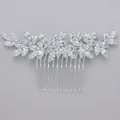 Elegant silver bridal hair comb with leaf-shaped clear rhinestone clusters. - Silver Crystal Zircon Hair Comb Hs-j6886s